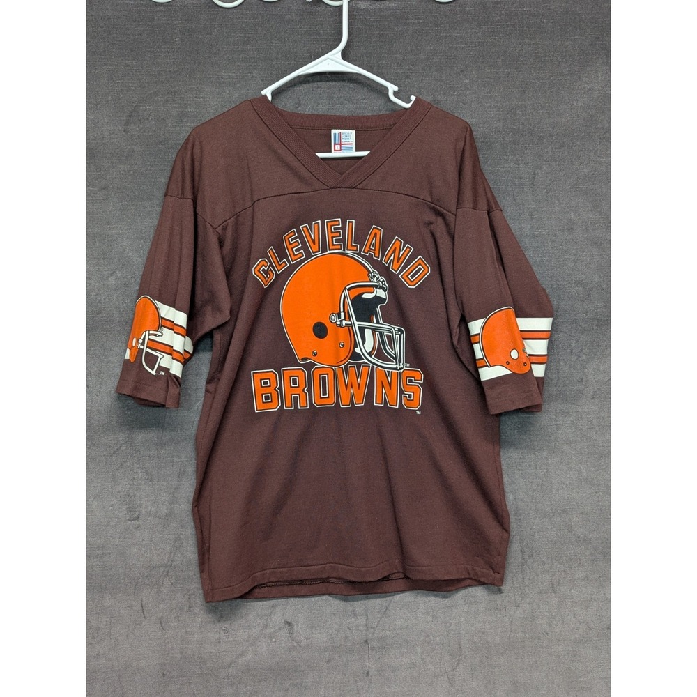 Vintage Cleveland Browns Jersey T-Shirt Graphic Print V-Neck Size L Garan EUC